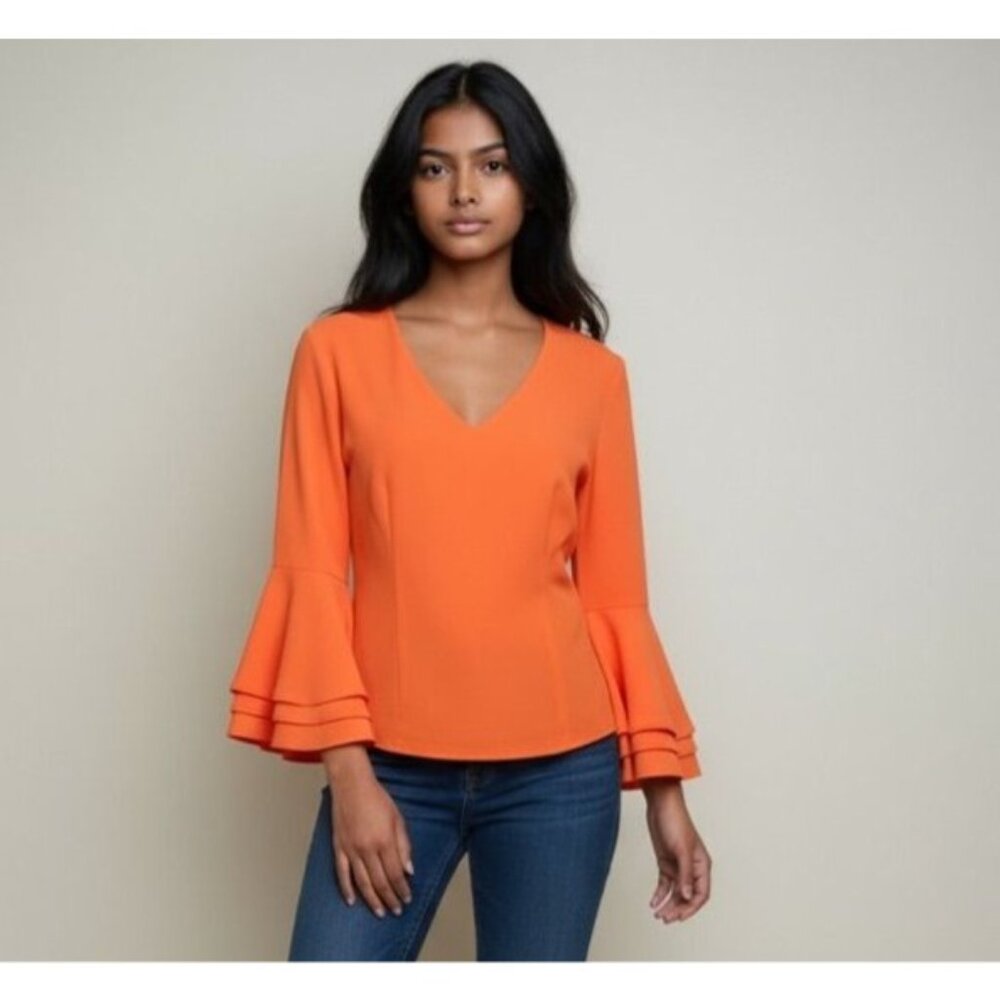 Bebe Y2K Orange Tiered Bell Sleeve Blouse XS V Neck 2000s EUC Party Fall